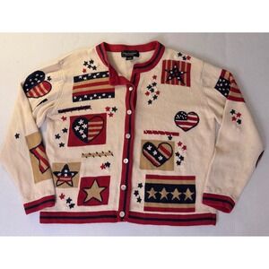 VTG Celina Yang Americana Patriotic Cardigan Sweater Size L Y2K Heritage Flag